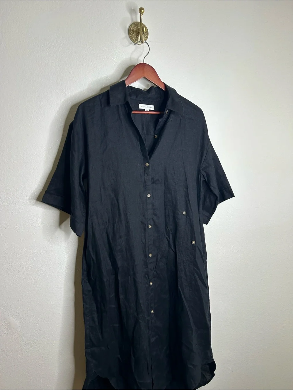 Banana Republic 100% Linen Black Asymmetrical Button Down Shirt Dress - Picture 7 of 15